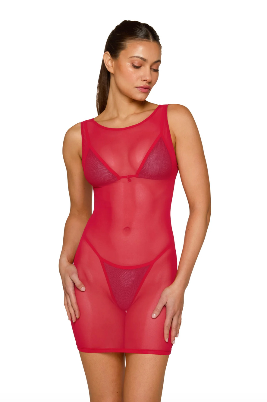 FAE Swim Red Mesh High Neck Mini Dress - Sz L NWT